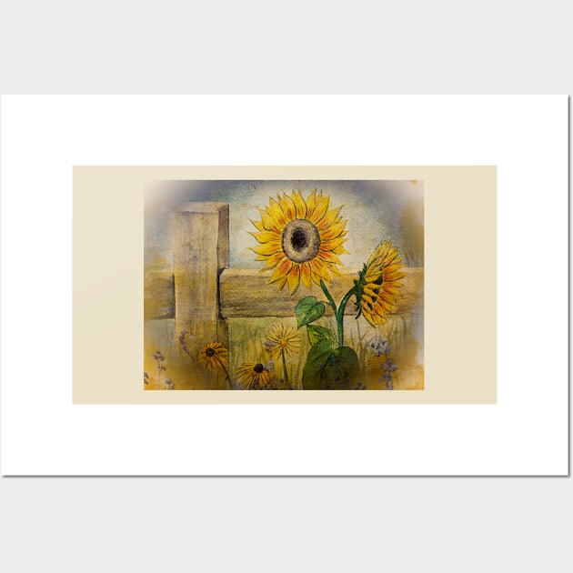 Watercolor Sunflower and Old Fence Wall Art by SistersInArtN